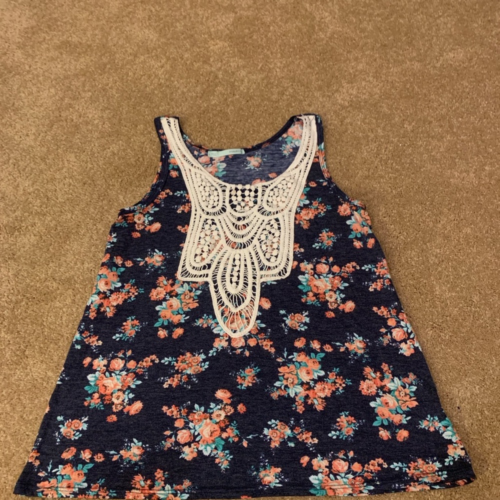 Maurices Navy Floral Tank Top with Lace Detail